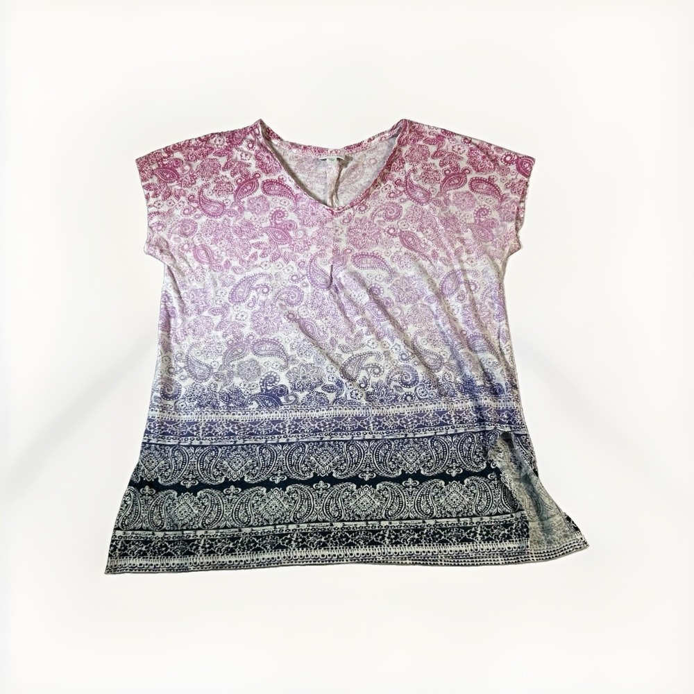 J Jill Love Linen Ombre Paisley Boho Top Purple Blue L Coastal Vacation V-Neck